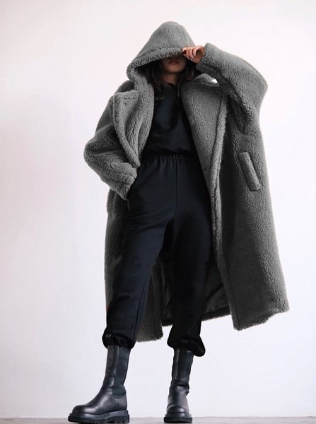 画像15: Women's mid-length  hooded lapel fashionable lamb wool  coat outer フード付きラペルフェイクファーラムウールミドルコート　アウター (15)