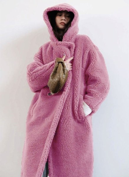 画像6: Women's mid-length  hooded lapel fashionable lamb wool  coat outer フード付きラペルフェイクファーラムウールミドルコート　アウター (6)