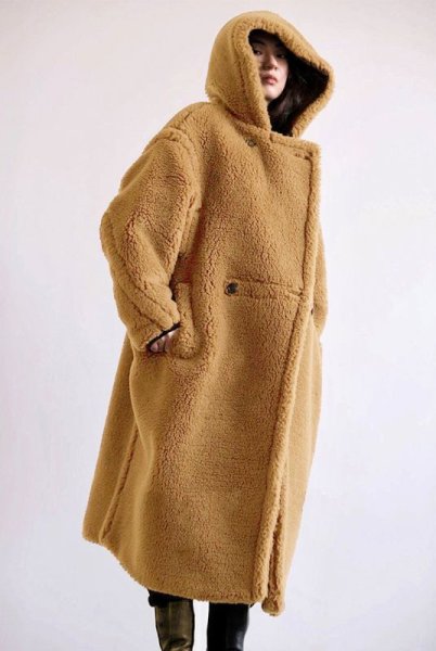 画像17: Women's mid-length  hooded lapel fashionable lamb wool  coat outer フード付きラペルフェイクファーラムウールミドルコート　アウター (17)