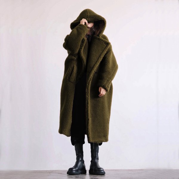 画像7: Women's mid-length  hooded lapel fashionable lamb wool  coat outer フード付きラペルフェイクファーラムウールミドルコート　アウター (7)