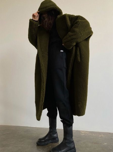 画像13: Women's mid-length  hooded lapel fashionable lamb wool  coat outer フード付きラペルフェイクファーラムウールミドルコート　アウター (13)