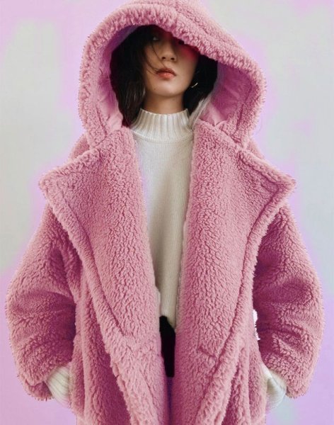 画像10: Women's mid-length  hooded lapel fashionable lamb wool  coat outer フード付きラペルフェイクファーラムウールミドルコート　アウター (10)