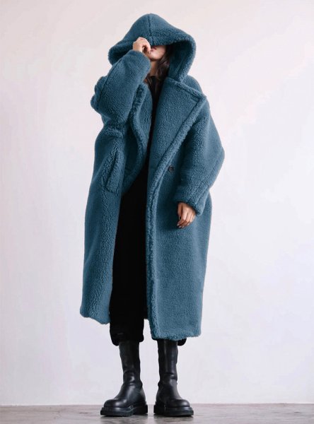 画像12: Women's mid-length  hooded lapel fashionable lamb wool  coat outer フード付きラペルフェイクファーラムウールミドルコート　アウター (12)