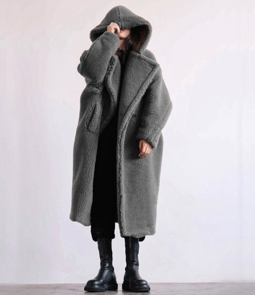 画像2: Women's mid-length  hooded lapel fashionable lamb wool  coat outer フード付きラペルフェイクファーラムウールミドルコート　アウター (2)
