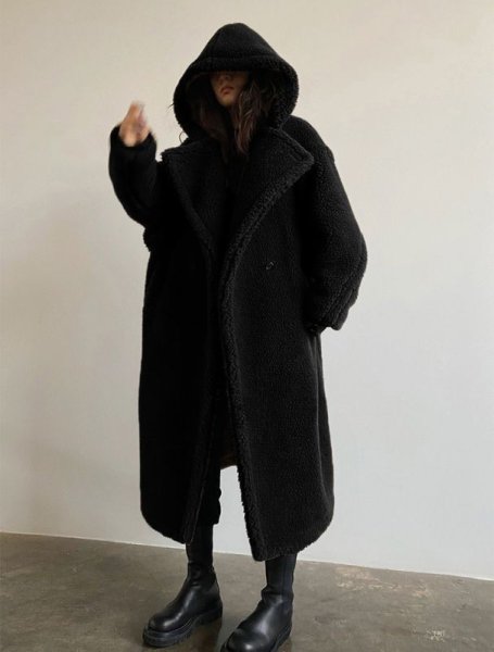 画像4: Women's mid-length  hooded lapel fashionable lamb wool  coat outer フード付きラペルフェイクファーラムウールミドルコート　アウター (4)