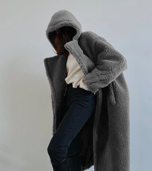 画像11: Women's mid-length  hooded lapel fashionable lamb wool  coat outer フード付きラペルフェイクファーラムウールミドルコート　アウター (11)