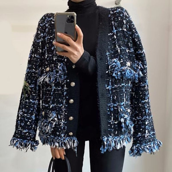 画像6: Women's V-neck tassel raw edge mixed color knitted cardigan Jacket coat outer 　フリンジツイードニットジャケットコートアウター (6)