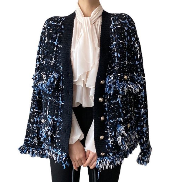 画像1: Women's V-neck tassel raw edge mixed color knitted cardigan Jacket coat outer 　フリンジツイードニットジャケットコートアウター (1)