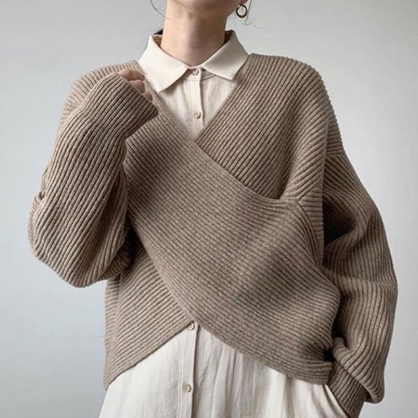 画像2: Women's Simple Slim Big Collar Cross Design Loose Casual Versatile Knitted 　クロスルーズニットセーター (2)