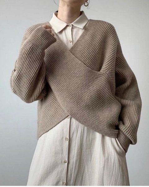 画像9: Women's Simple Slim Big Collar Cross Design Loose Casual Versatile Knitted 　クロスルーズニットセーター (9)