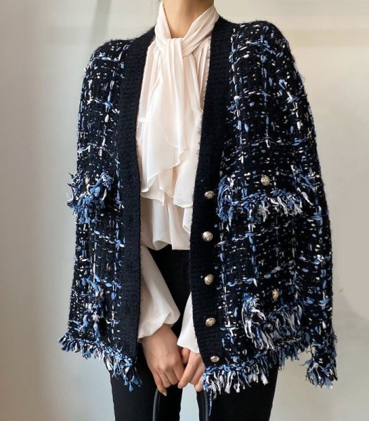 画像3: Women's V-neck tassel raw edge mixed color knitted cardigan Jacket coat outer 　フリンジツイードニットジャケットコートアウター (3)