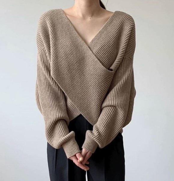 画像7: Women's Simple Slim Big Collar Cross Design Loose Casual Versatile Knitted 　クロスルーズニットセーター (7)