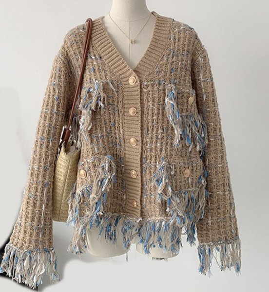 画像5: Women's V-neck tassel raw edge mixed color knitted cardigan Jacket coat outer 　フリンジツイードニットジャケットコートアウター (5)
