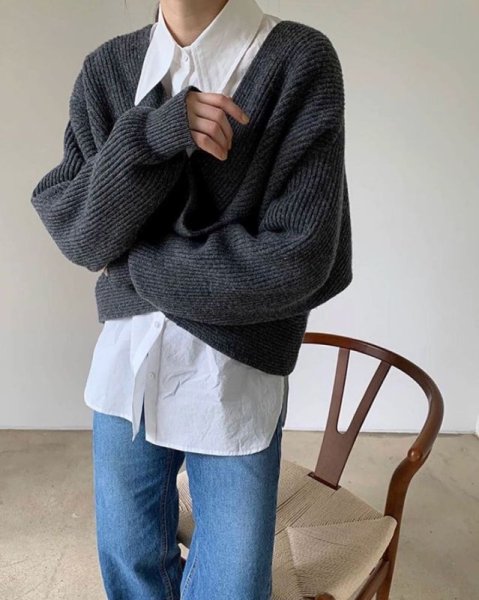 画像8: Women's Simple Slim Big Collar Cross Design Loose Casual Versatile Knitted 　クロスルーズニットセーター (8)