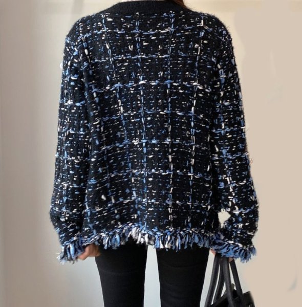 画像4: Women's V-neck tassel raw edge mixed color knitted cardigan Jacket coat outer 　フリンジツイードニットジャケットコートアウター (4)