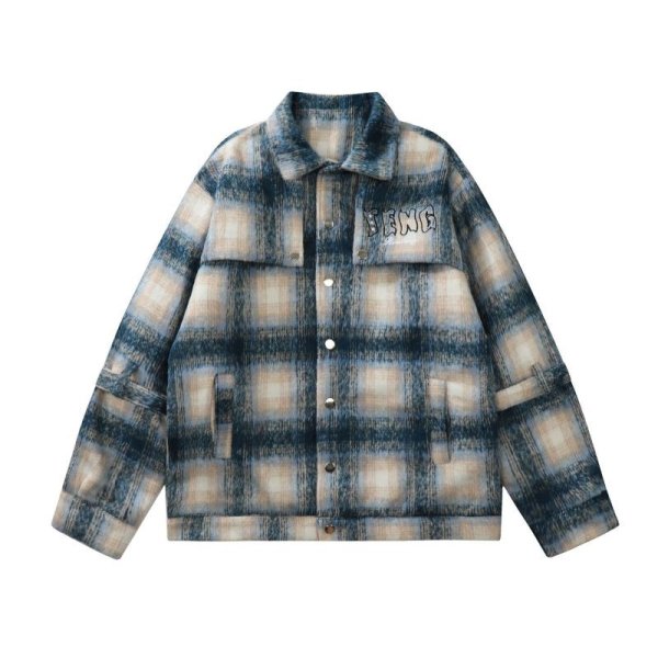 画像1: gradient plaid woolen jacket coat　ユニセックス男女兼用チェックウールジャケットブルゾンスタジャン (1)