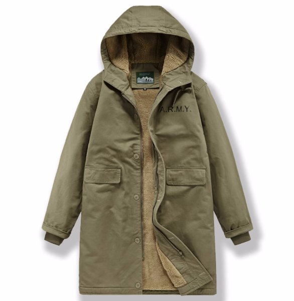 画像1: Mens hooded thickened cotton coat jacket ユニセックス男女兼用フード付きARMYアーミーロングコート (1)