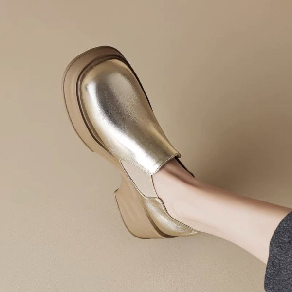 画像4: women casual wedge heel platform sole round toe lazy loafers pumps　ウエッジ厚底プラットホームローファー パンプス (4)