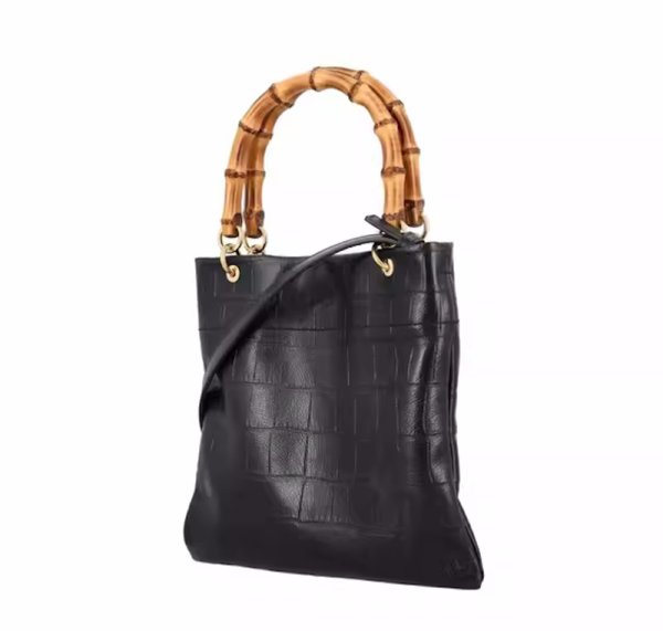 画像4: leather dark crocodile pattern bamboo handle tote shoulder bag 男女兼用ユニセックスレザーバンブーハンドルトートショルダーレザーハンドバッグ2WAYバッグ (4)