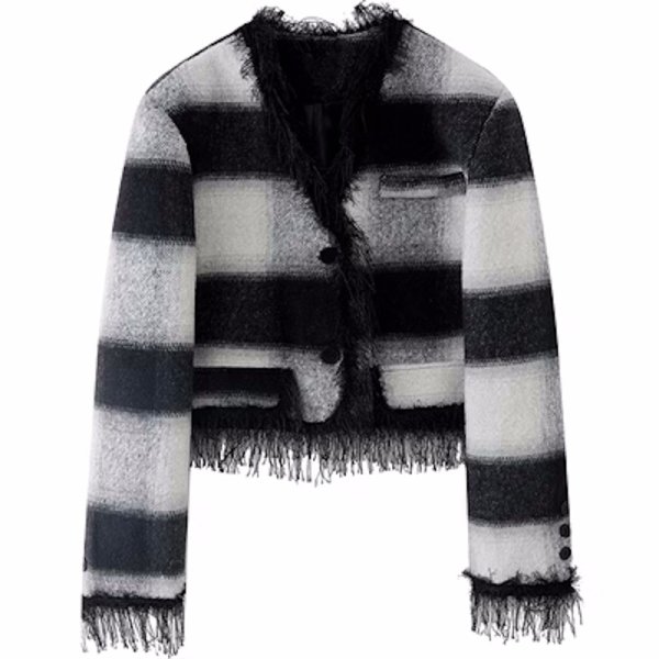 画像1: Women's V-neck  check short jacketJ coat outer Vネックチェックフリンジショート丈ジャケットコートアウター (1)