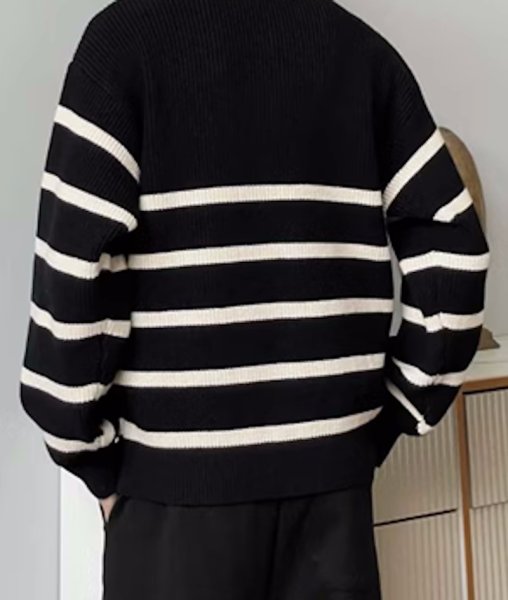 画像4: half zip up border sweater tops　男女兼用ユニセックスハーフジップアップ ボーダーセーター トップス (4)