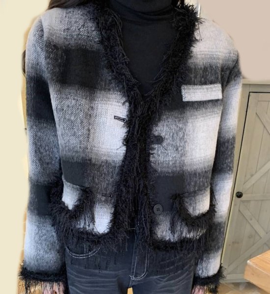 画像3: Women's V-neck  check short jacketJ coat outer Vネックチェックフリンジショート丈ジャケットコートアウター (3)