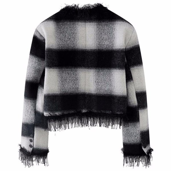 画像2: Women's V-neck  check short jacketJ coat outer Vネックチェックフリンジショート丈ジャケットコートアウター (2)