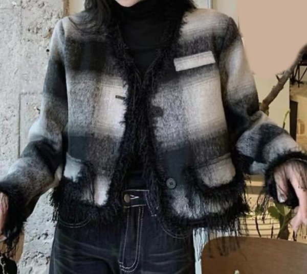 画像5: Women's V-neck  check short jacketJ coat outer Vネックチェックフリンジショート丈ジャケットコートアウター (5)