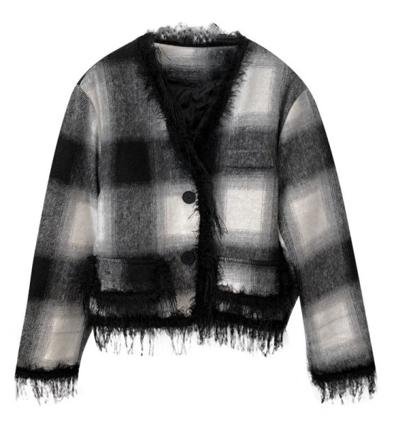 画像6: Women's V-neck  check short jacketJ coat outer Vネックチェックフリンジショート丈ジャケットコートアウター (6)