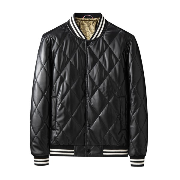 画像2: quilted leather blouson stadium jumper down jacket　キルティングレザーダウンジャケットブルゾンスタジャン (2)