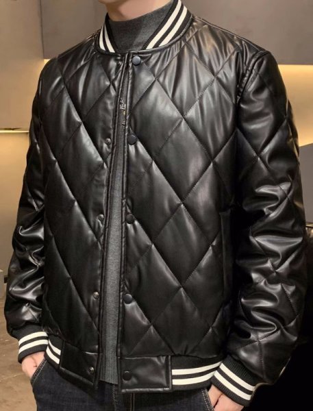 画像6: quilted leather blouson stadium jumper down jacket　キルティングレザーダウンジャケットブルゾンスタジャン (6)