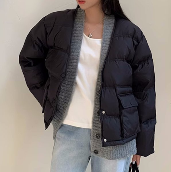 画像5: Women's V-neck design  jacket Coat outer  Vネックカラーダウン ジャケット コートアウター (5)