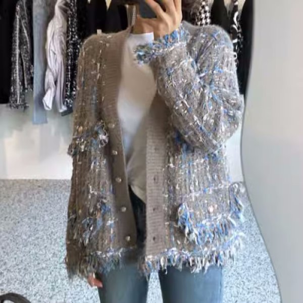 画像7: Women's V-neck tweed cardigan jacket coat outer Vネックツイード調カーディガンジャケットコートアウター (7)