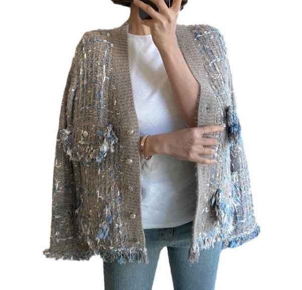 画像3: Women's V-neck tweed cardigan jacket coat outer Vネックツイード調カーディガンジャケットコートアウター (3)