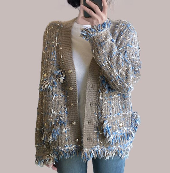 画像5: Women's V-neck tweed cardigan jacket coat outer Vネックツイード調カーディガンジャケットコートアウター (5)