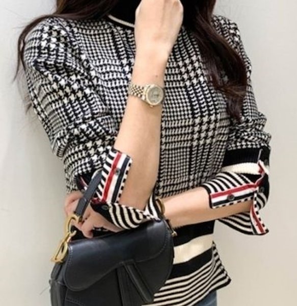 画像5: Women's black and white color houndstooth pattern sweater  Knitted 　ハンドトゥース千鳥格子パターン3デザインカーディガンタートルプルオーバーセーターニット (5)