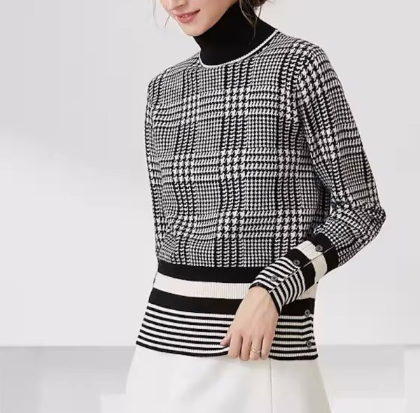 画像6: Women's black and white color houndstooth pattern sweater  Knitted 　ハンドトゥース千鳥格子パターン3デザインカーディガンタートルプルオーバーセーターニット (6)