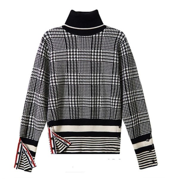 画像7: Women's black and white color houndstooth pattern sweater  Knitted 　ハンドトゥース千鳥格子パターン3デザインカーディガンタートルプルオーバーセーターニット (7)