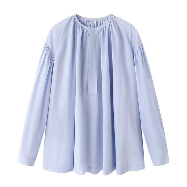 画像1: Women's Mid length round neck simple plain long sleeve shirt blouse 　ミドル丈 ラウンドネック シンプル 長袖シャツブラウス (1)