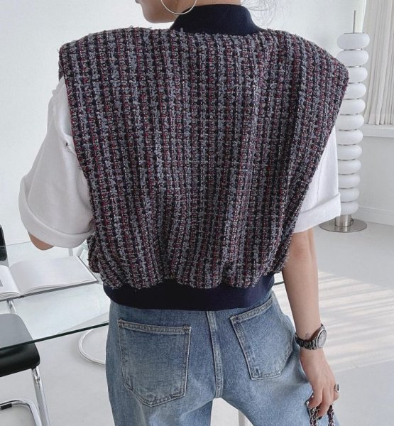 画像6: Women's V-neck letter patch design loose casual versatile sleeveless vest jacket　ツイードレターエンブレムVネックベストジレ (6)