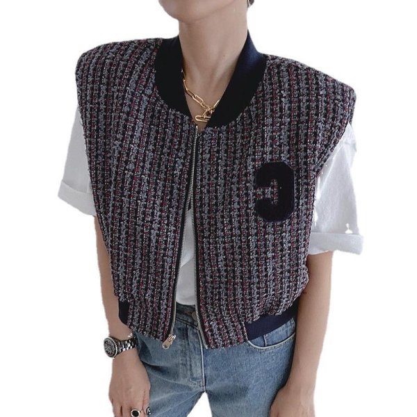 画像1: Women's V-neck letter patch design loose casual versatile sleeveless vest jacket　ツイードレターエンブレムVネックベストジレ (1)