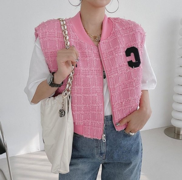 画像7: Women's V-neck letter patch design loose casual versatile sleeveless vest jacket　ツイードレターエンブレムVネックベストジレ (7)
