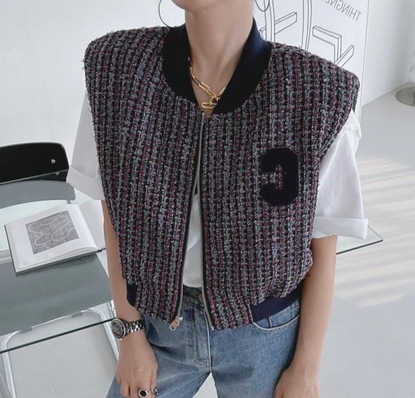 画像5: Women's V-neck letter patch design loose casual versatile sleeveless vest jacket　ツイードレターエンブレムVネックベストジレ (5)