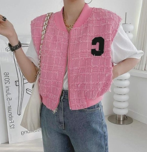 画像10: Women's V-neck letter patch design loose casual versatile sleeveless vest jacket　ツイードレターエンブレムVネックベストジレ (10)