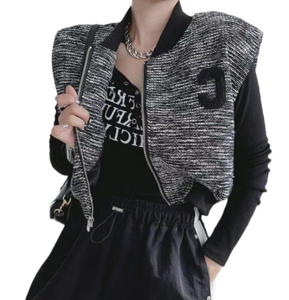 画像3: Women's V-neck letter patch design loose casual versatile sleeveless vest jacket　ツイードレターエンブレムVネックベストジレ (3)