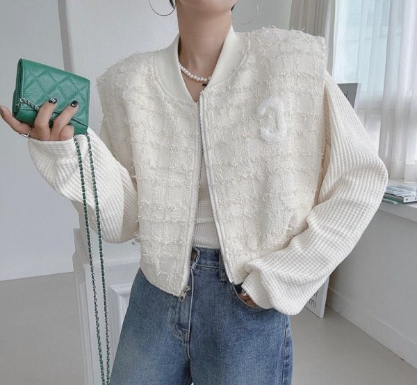 画像8: Women's V-neck letter patch design loose casual versatile sleeveless vest jacket　ツイードレターエンブレムVネックベストジレ (8)