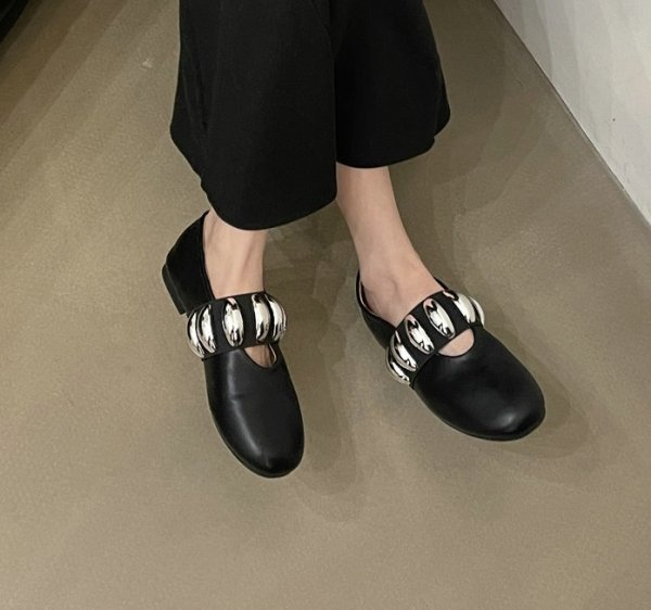 画像9: metal buckle round toe buckle slip-on  flat pumps shoes　メタルベルト付き フラットレザーパンプス バレーシューズ (9)