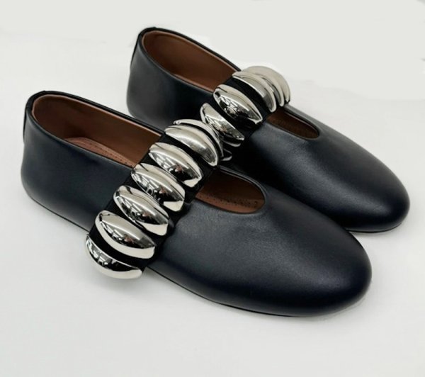 画像3: metal buckle round toe buckle slip-on  flat pumps shoes　メタルベルト付き フラットレザーパンプス バレーシューズ (3)