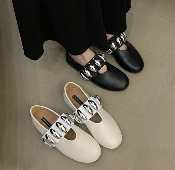 画像8: metal buckle round toe buckle slip-on  flat pumps shoes　メタルベルト付き フラットレザーパンプス バレーシューズ (8)