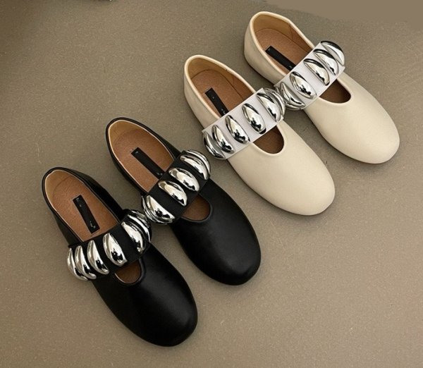画像4: metal buckle round toe buckle slip-on  flat pumps shoes　メタルベルト付き フラットレザーパンプス バレーシューズ (4)